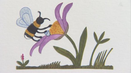 Grown up working bee is collecting honey.